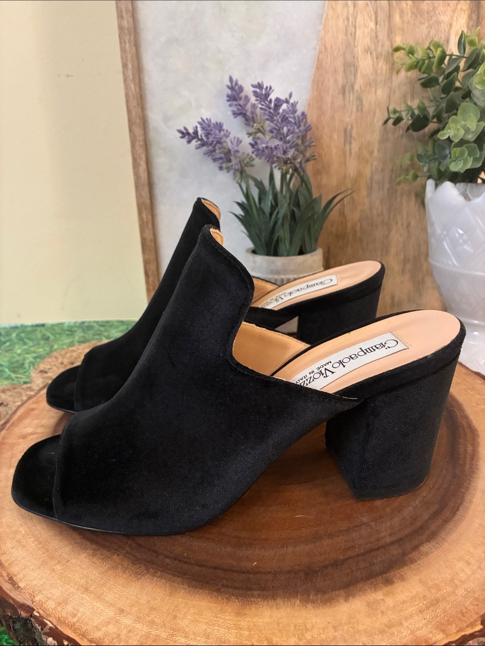 Giampaolo Viozzi, Velvet Black Suede Open-Toe Block Heel Mules - Picture 4 of 12